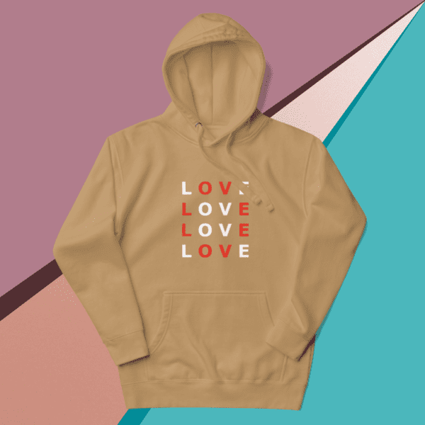 A small picture of a light brown Love hoodie