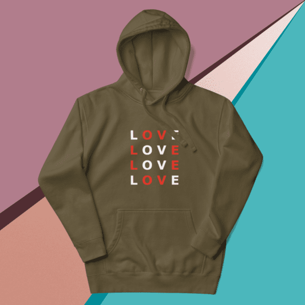 A small picture of an olive Love hoodie