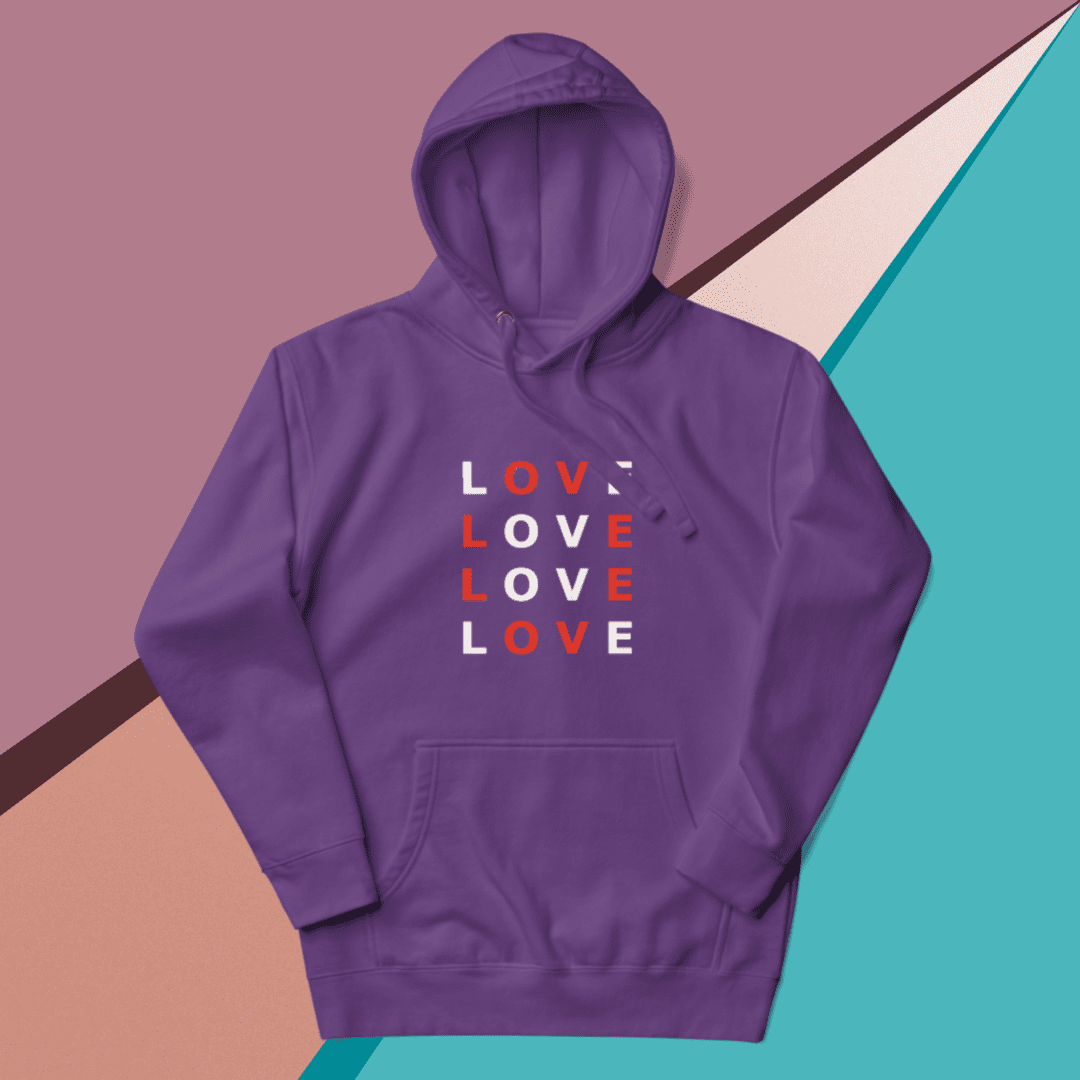 A small picture of a violet Love hoodie