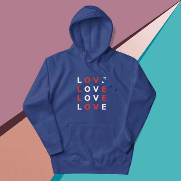 A small picture of a Love blue hoodie