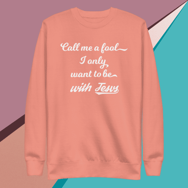 A small picture of a pink sweatshirt saying call me a fool, I only want to be with Jesus
