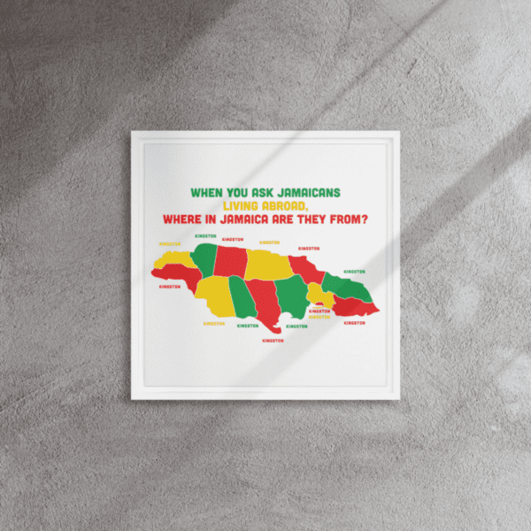 A map of Jamaica hanging on a gray wall
