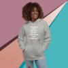 A woman is wearing a hoodie with the words " it's not all selfish, though."