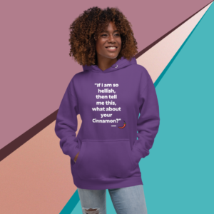 A woman is wearing a purple hoodie with the words " if i am so selfish, then tell me this, what about your children ?" on