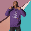 A man in purple hoodie with the words " if there is no god, we do it. What about your common ? ".