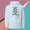 A white hoodie with an image of a donut and the quote " if i am so hellish, then tell me this. What about your