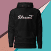 A black hoodie with the word blessed written on it.