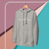 A gray hoodie hanging on a rack.