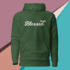 A green hoodie with the word blessed written on it.