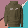 A brown hoodie with the word blessed written on it.