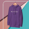 A purple hoodie hanging on a rack.