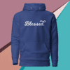 A blue hoodie with the word blessed written on it.