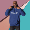 A man in blue hoodie with the word blessed on it.