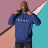 A man in blue hoodie with the word bleted on it.