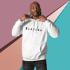 A man in white hoodie with the word blessed on it.
