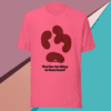 Pink t-shirt with a dark brown abstract design and text.