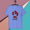 Light purple t-shirt with a red abstract design and text.