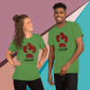 Two models wearing green t-shirts with a red abstract design and text.