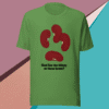 Green T-shirt with red abstract shapes and text design.