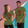 Two people wearing matching green t-shirts with a red graphic design.