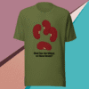 Green T-shirt with a red abstract face and text graphic.
