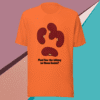 Orange t-shirt with a bold question mark and a thought-provoking slogan.