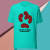 Turquoise shirt with abstract shapes and text about kidney health.