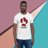 Man wearing a white graphic t-shirt with abstract design.