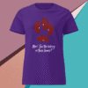 Purple t-shirt with a playful design and text.
