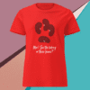 Red t-shirt with playful black paw prints and white text.