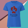 Blue t-shirt with abstract red design and text.