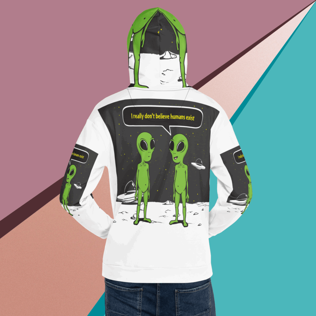 White hoodie with green aliens and colorful geometric background.