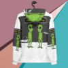 A hoodie with green alien graphics on a black, white, and gray background.
