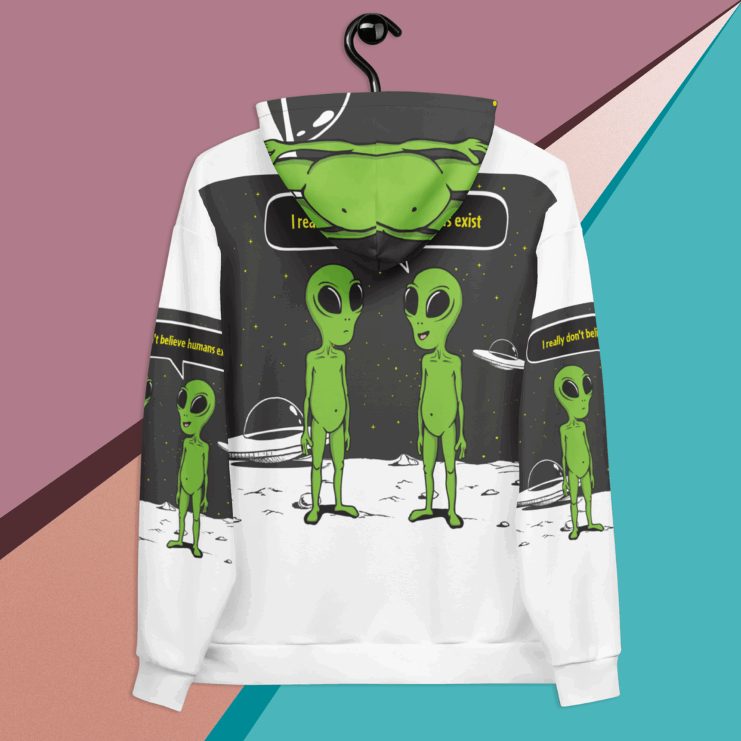 A hoodie with green alien graphics on a black, white, and gray background.