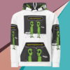 White hoodie with green alien graphics and neon accents.