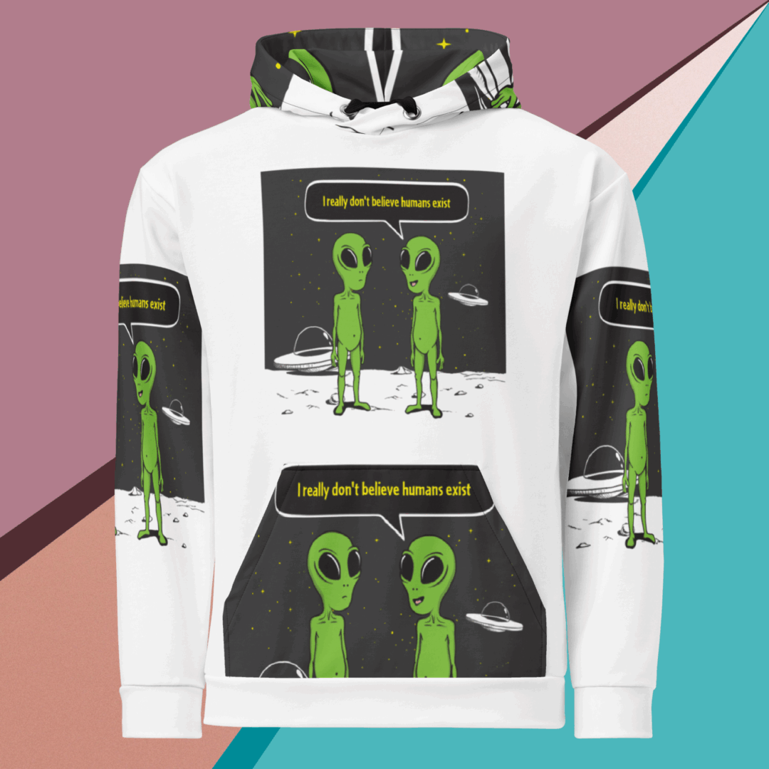 White hoodie with green alien graphics and neon accents.