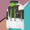 White hoodie with green alien graphics on front and sleeves.