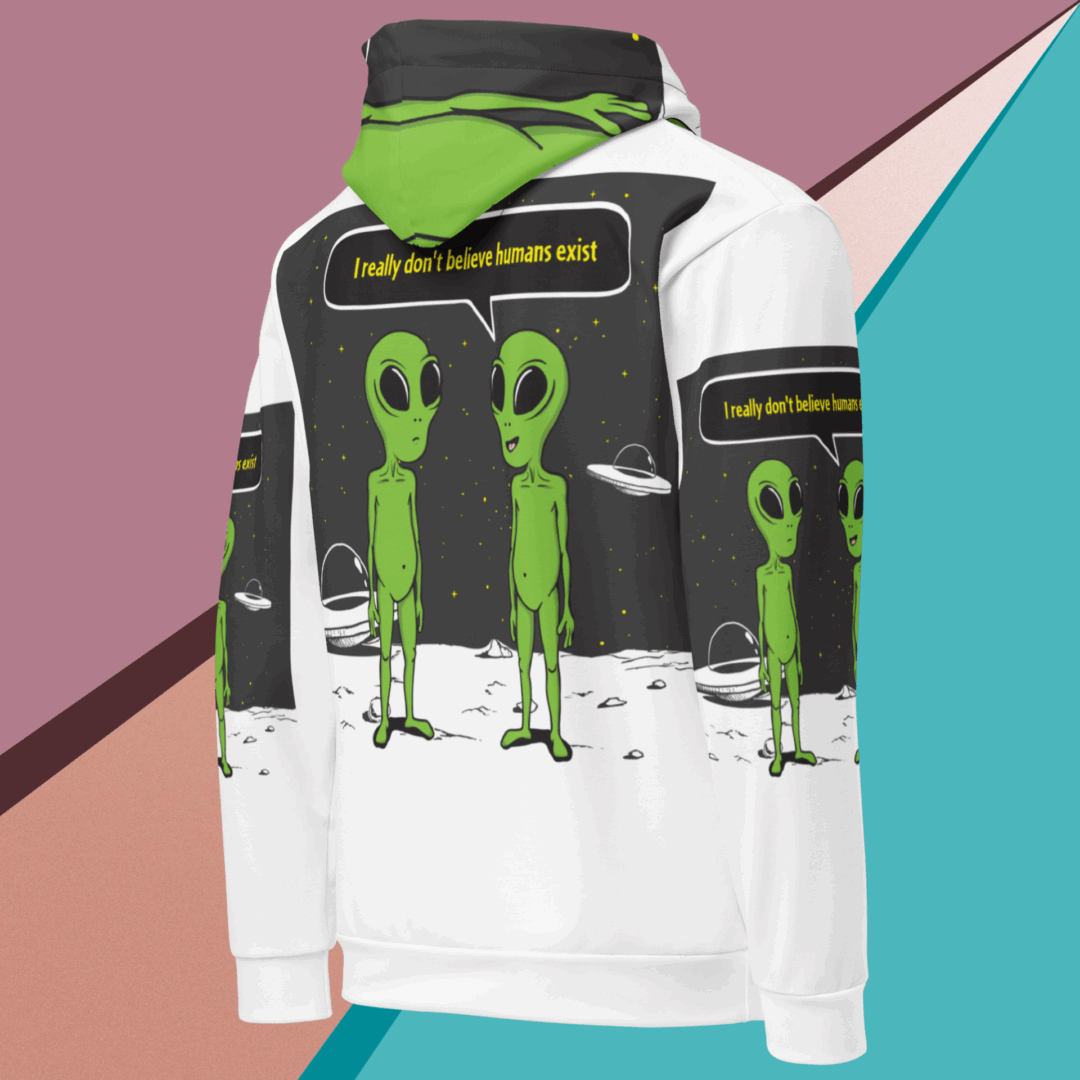 White hoodie with green alien graphics on front and sleeves.