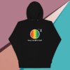 Black hoodie with a colorful circular logo and text on the back.