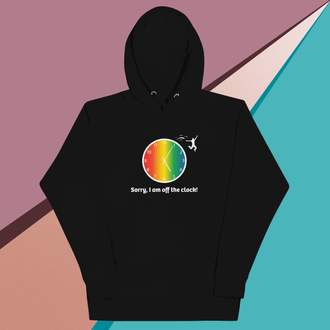 Black hoodie with a colorful circular logo and text on the back.
