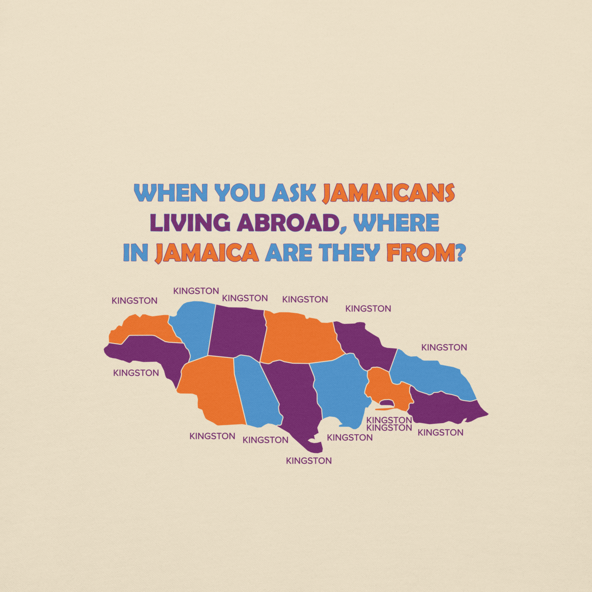 Map of Jamaica showing all regions labeled as Kingston, humorously answering where Jamaicans abroad are from.