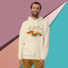 Man wearing a hoodie with a colorful African continent design.