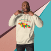 Man wearing a beige hoodie with a colorful African map design.