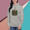 Woman wearing a gray hoodie with a Bigfoot design and text.