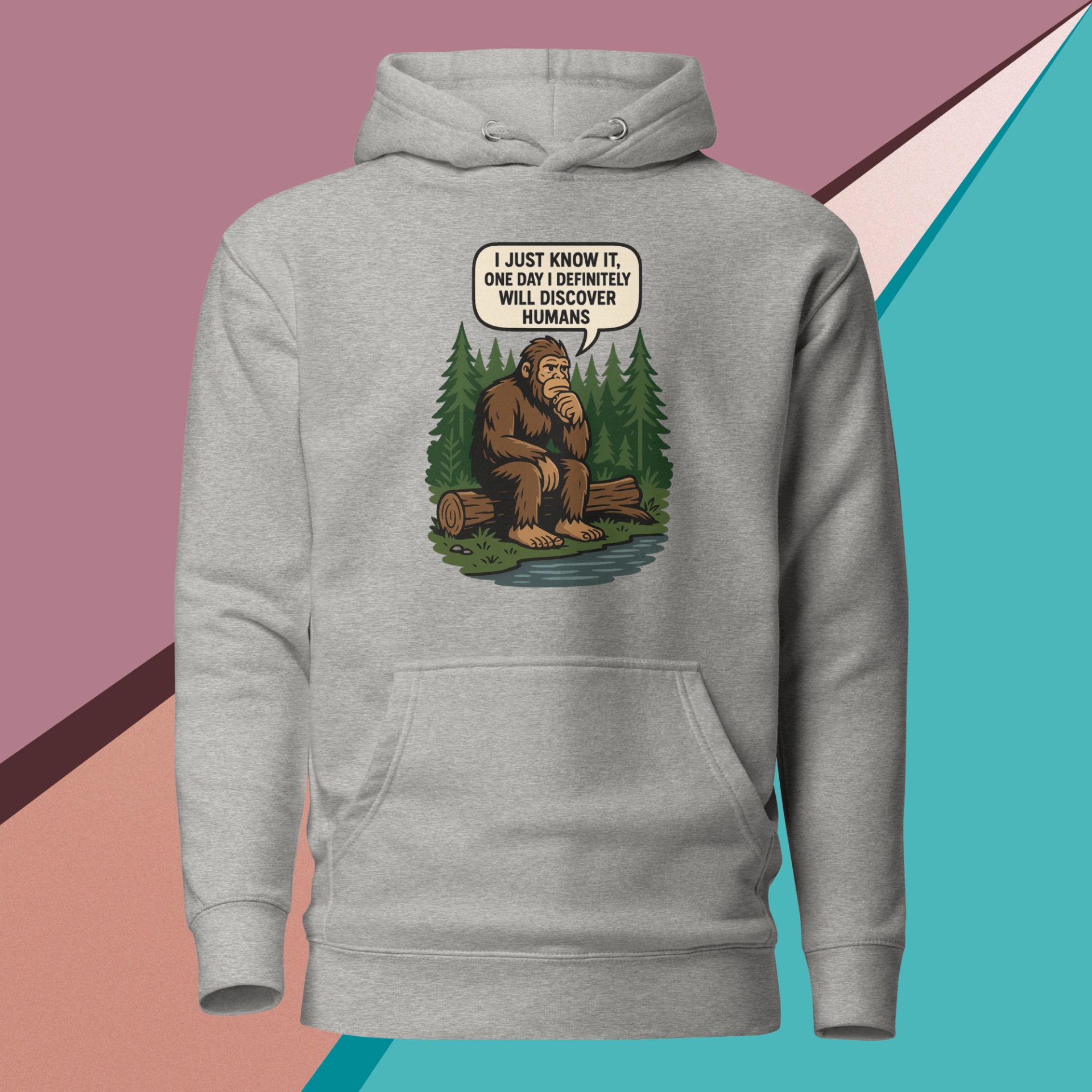 Gray hoodie with a bear cartoon and humorous text.