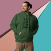 Man in green hoodie against a colorful geometric background.