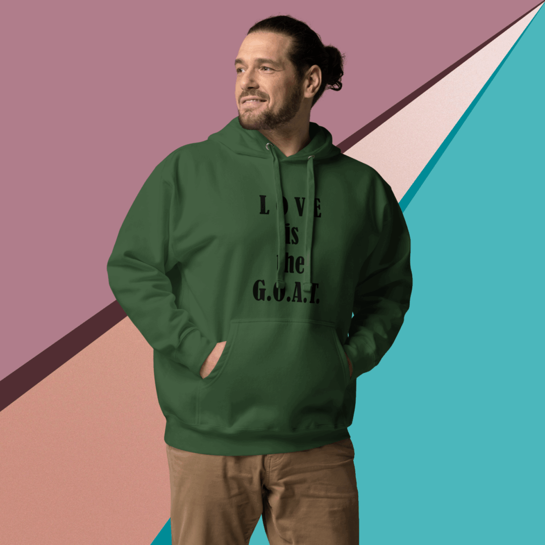 Man in green hoodie against a colorful geometric background.