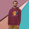 Man in a maroon hoodie with a colorful graphic and text.
