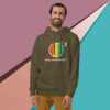 Man smiling wearing a colorful graphic hoodie against a geometric background.