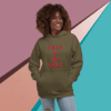 Smiling woman wearing an olive green hoodie with red text.